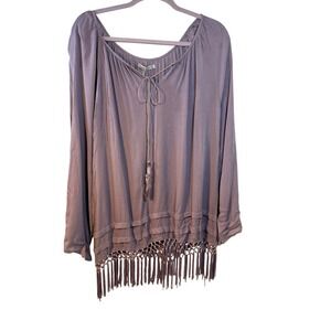 Amanda‎ Blu Womens Purple Boho Fringe Tassel Tie Neck Viscose Blouse Top Large